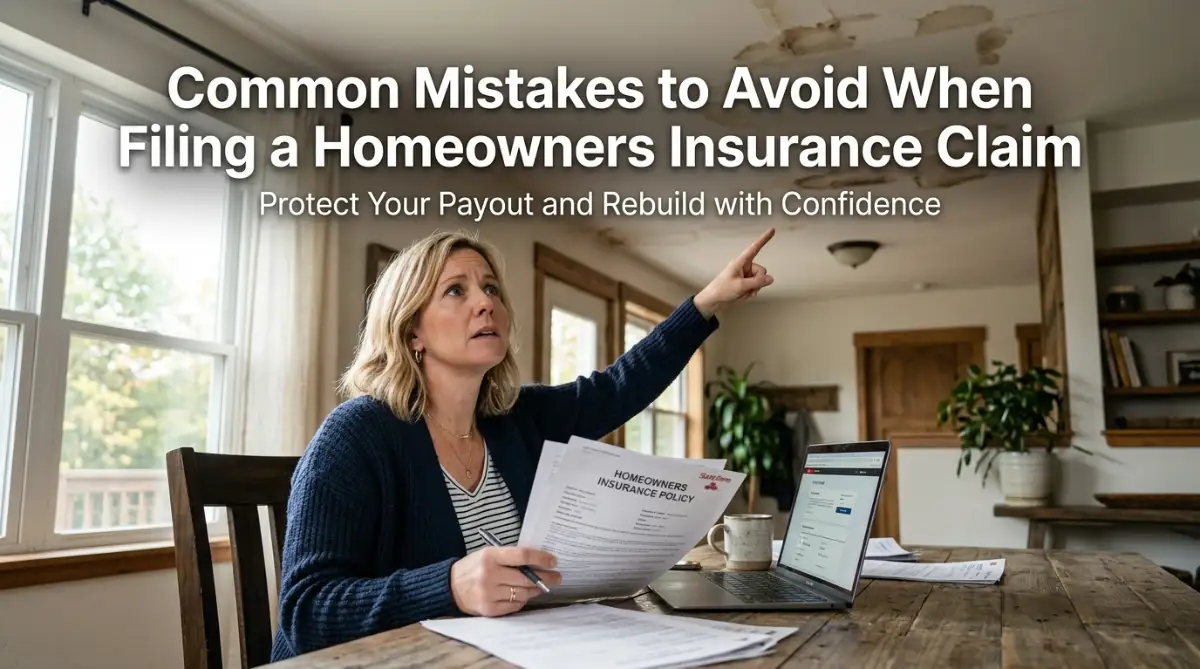 A stressed homeowner reviewing damaged roof repair documents and insurance policy paperwork at a kitchen table.
