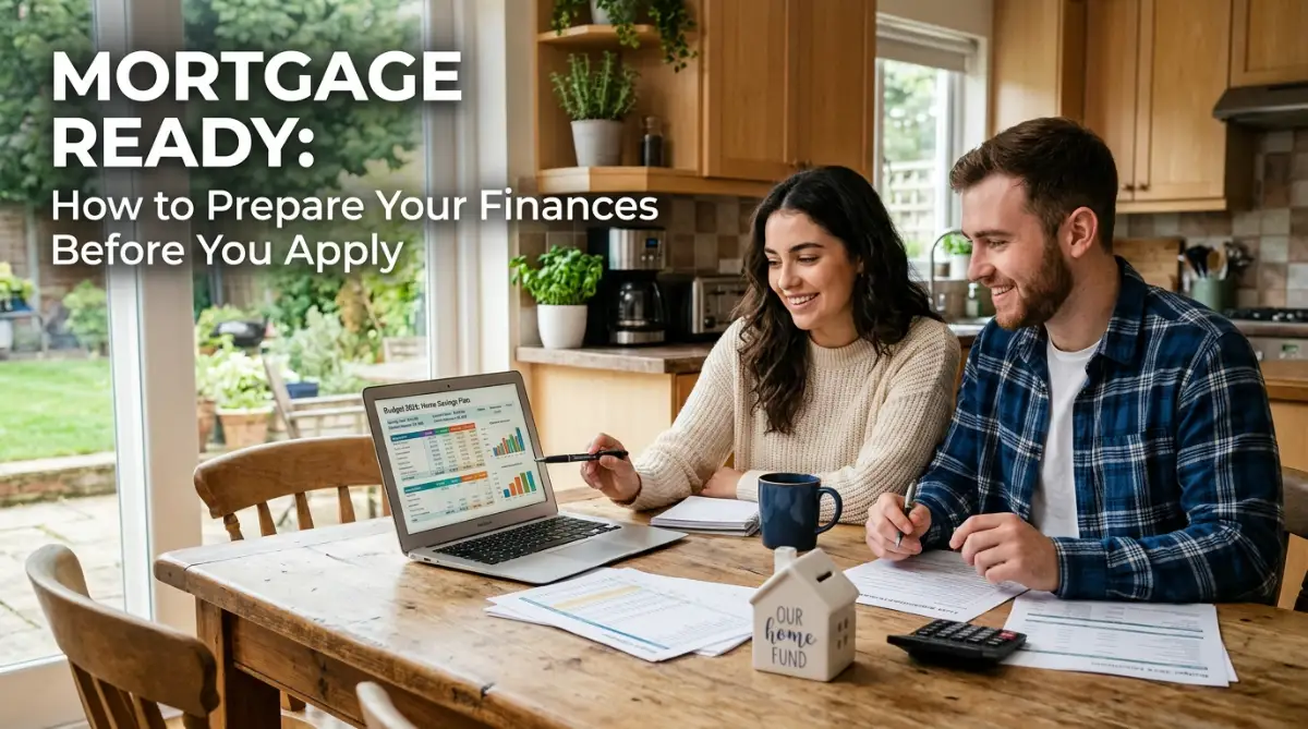 A person reviewing bank statements and credit scores on a laptop to prepare for a home mortgage application.
