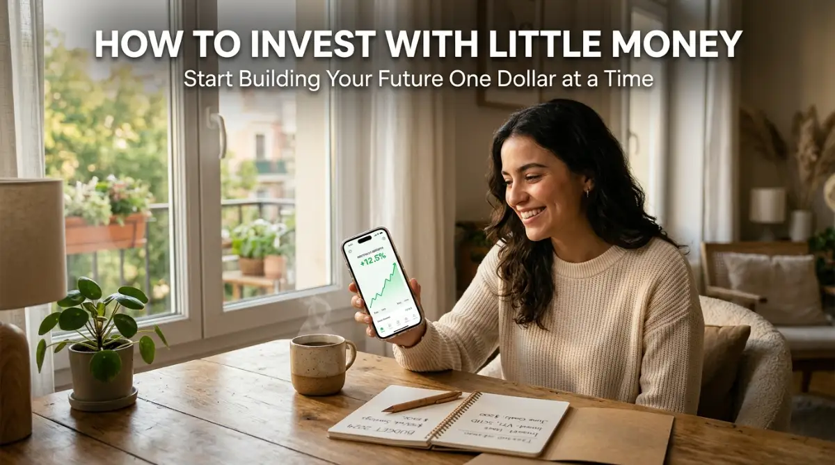 A young person holding a smartphone reviewing a growing stock portfolio while sitting at a clean wooden desk with a coffee mug and notebook.