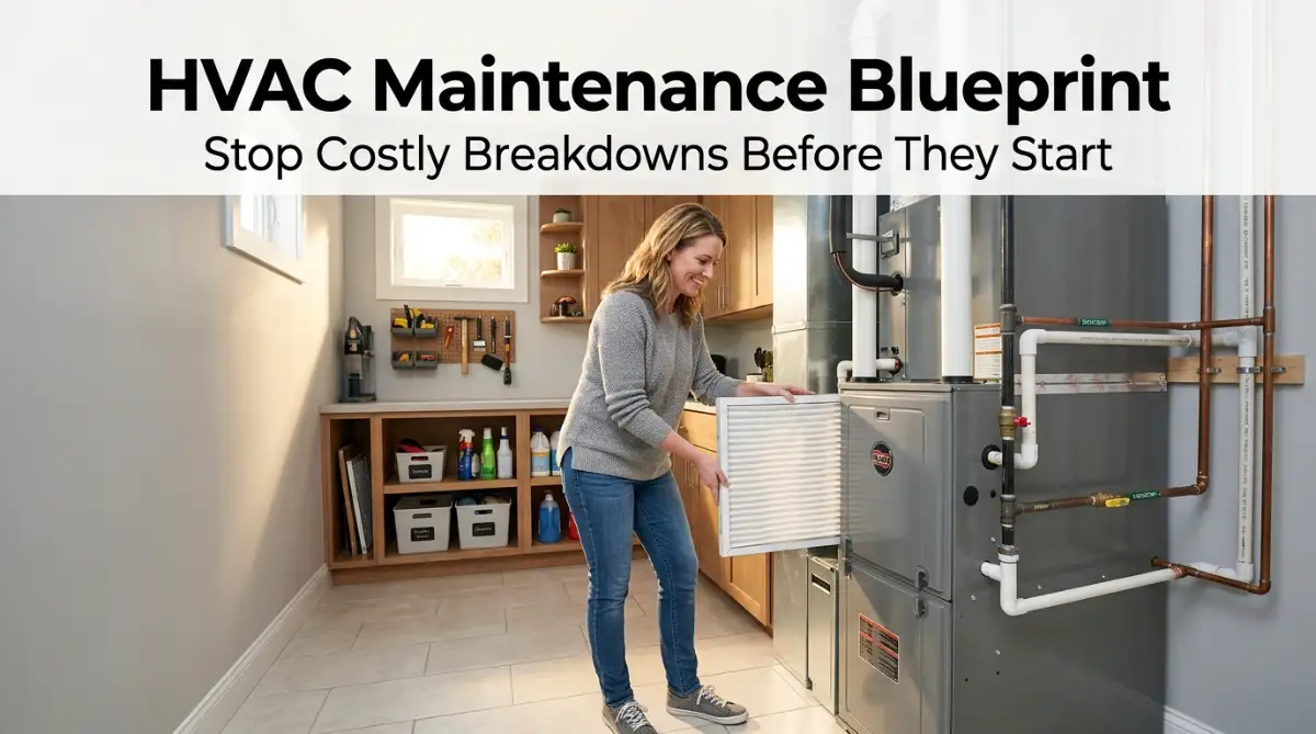 A homeowner inspecting a clean air filter next to a modern indoor HVAC unit.