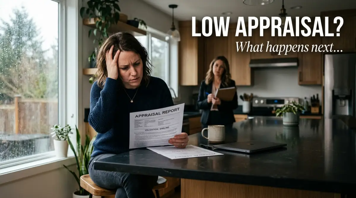 A frustrated homeowner sitting at a kitchen table looking at a low real estate appraisal report.