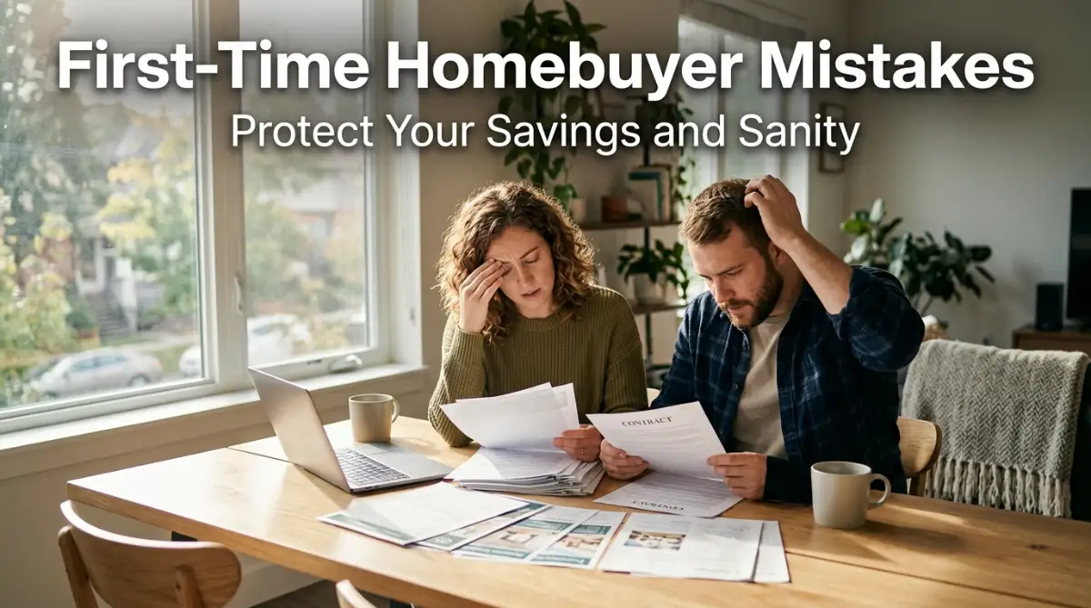 A stressed first-time homebuyer reviewing property paperwork at a kitchen table while trying to avoid common real estate mistakes.