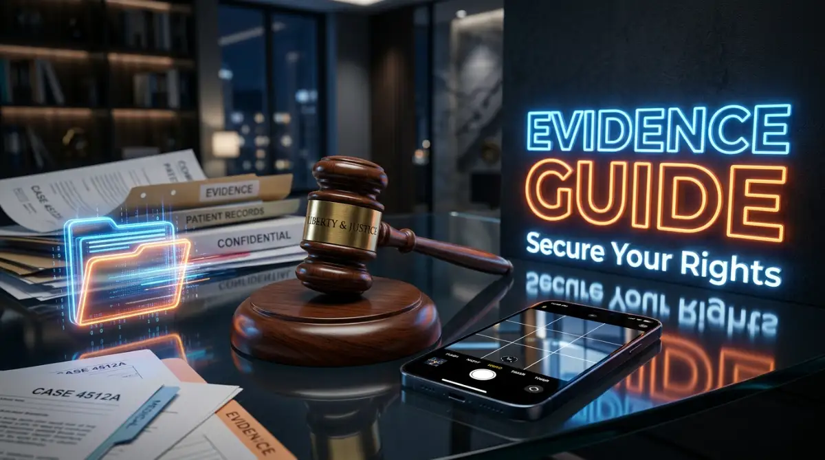 A glowing magnifying glass resting on a stack of legal documents and medical records, highlighting the concept of personal injury evidence.
