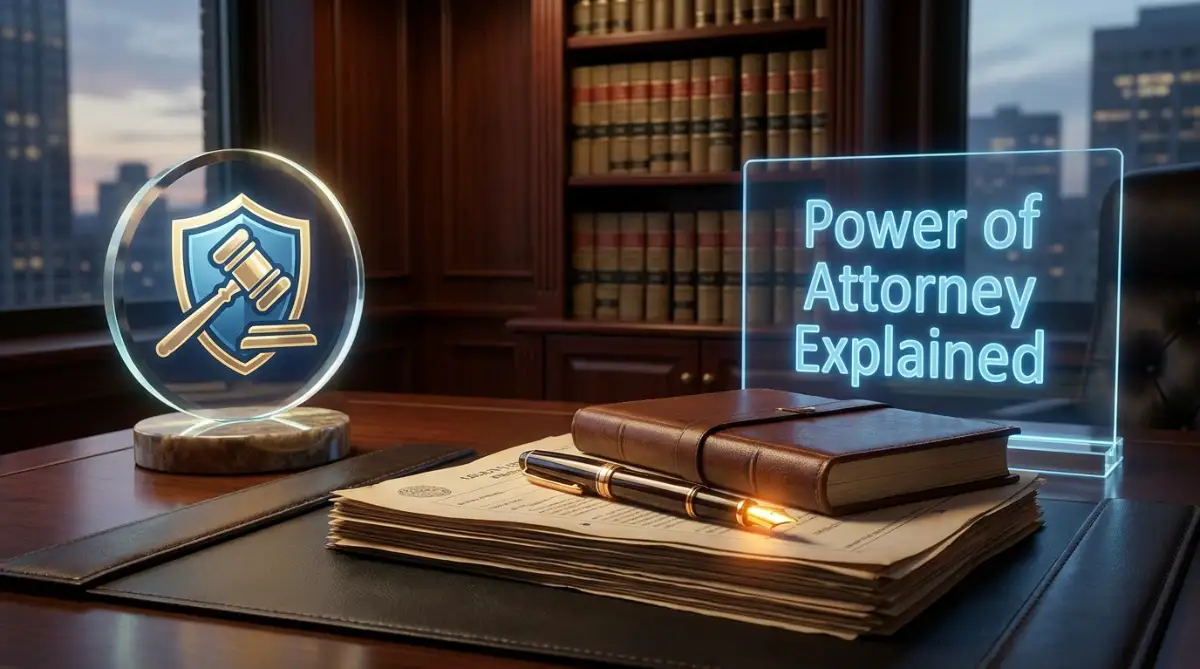 A professional legal desk setup showing a glowing golden fountain pen resting on official documents, representing a power of attorney agreement.