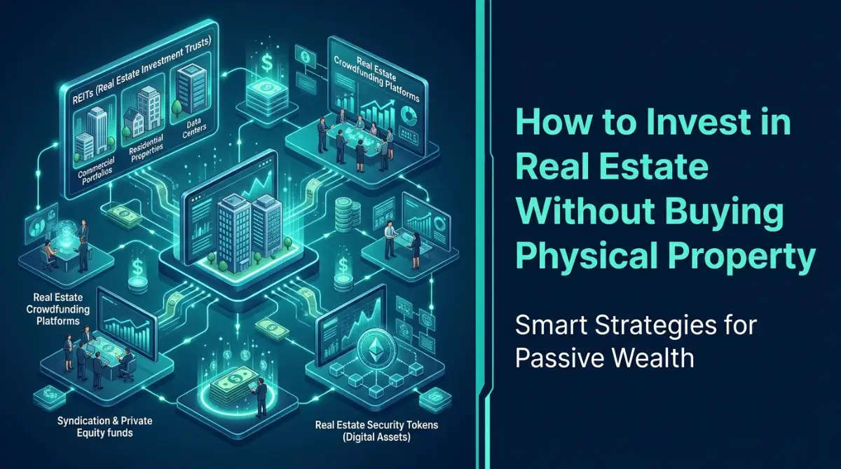 A modern digital graphic showing financial growth charts, house outlines, and digital investment symbols for real estate investing without physical property.