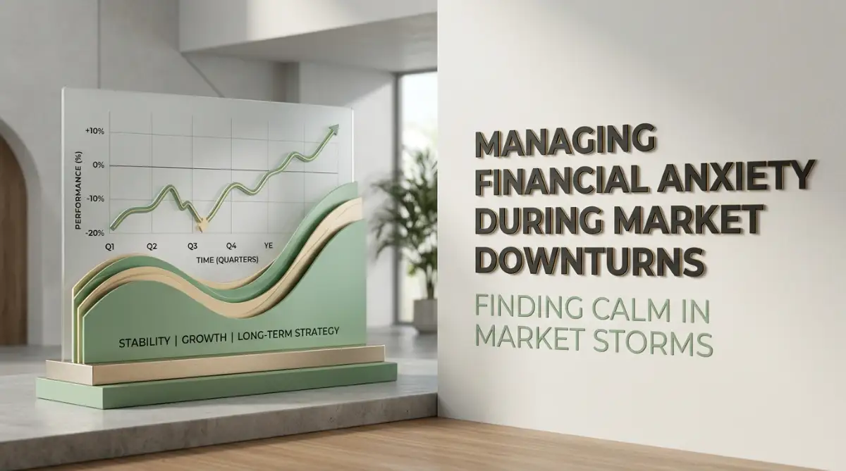 A professional and calm aesthetic stock market graph representation with text effects on the right and visual signs on the left, designed to illustrate financial peace during market downturns.