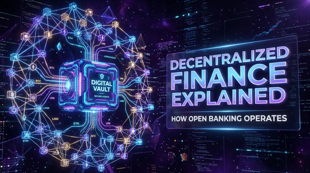 A glowing golden coin floating above a digital network representing how decentralized finance operates.