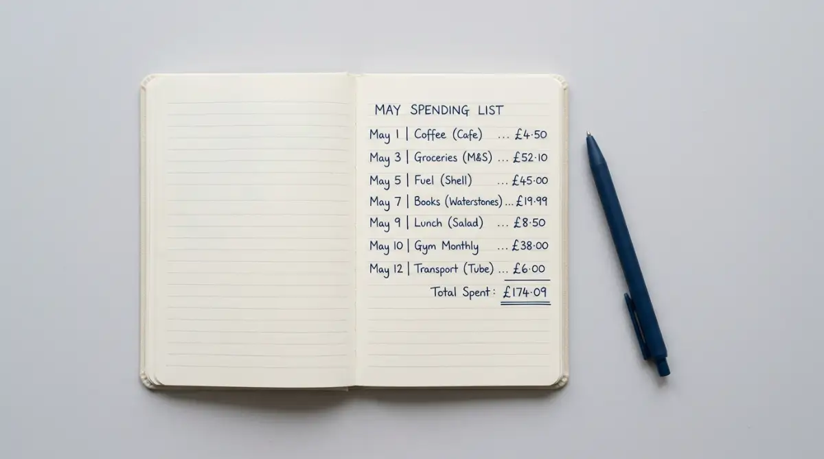 A person writing down daily expenses in a small notebook