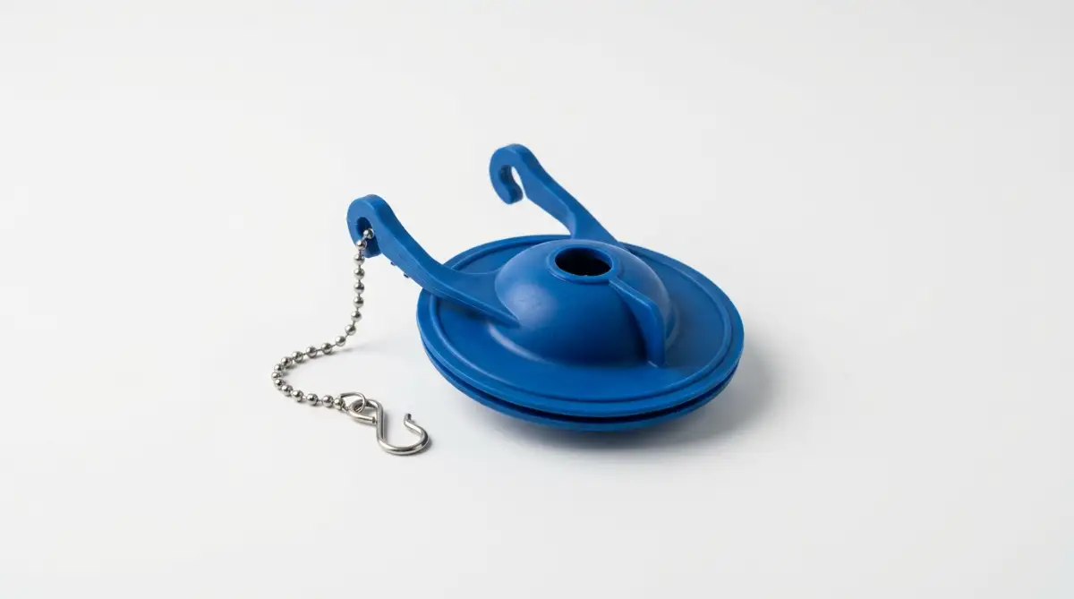A hand adjusting the blue rubber flapper inside a clean white toilet tank.